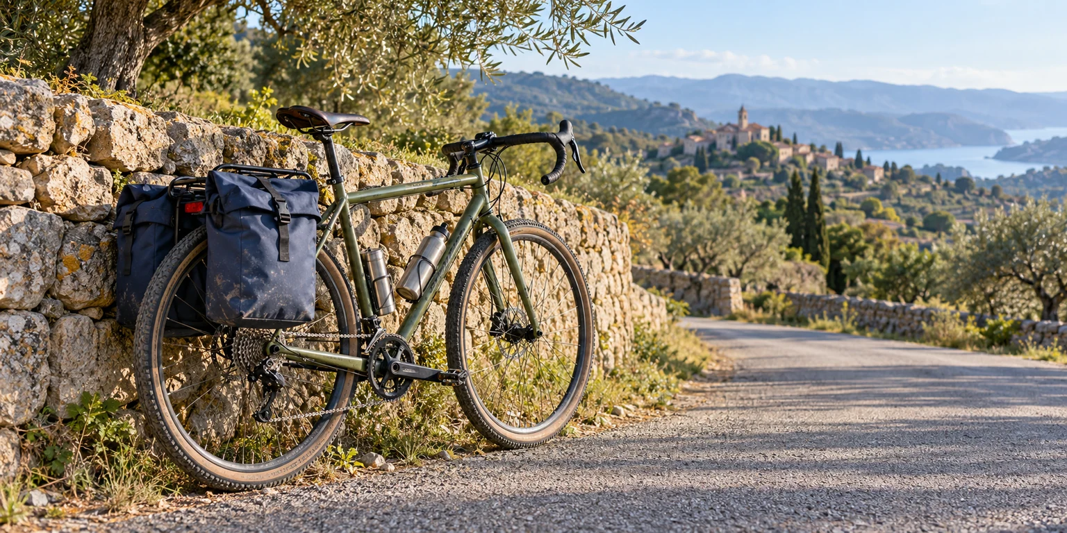 Bicicleta de viaje verde oliva con dos alforjas azules traseras junto a un muro de piedra