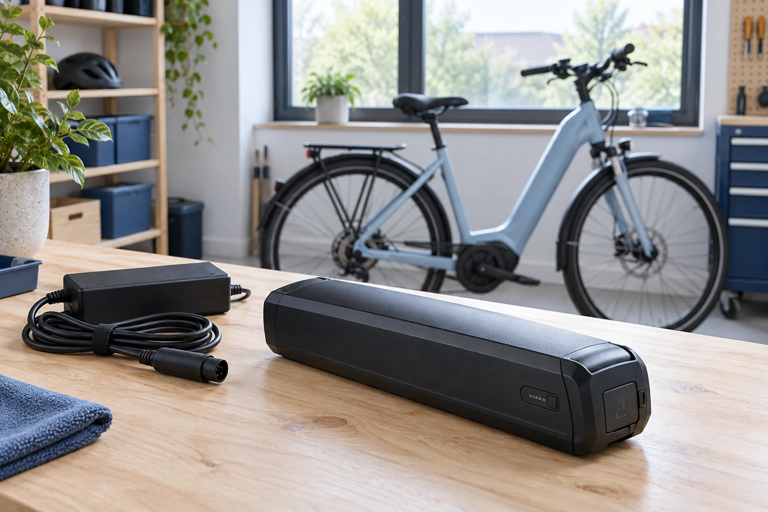 Batería de bicicleta eléctrica y cargador desconectado sobre una mesa, con una bicicleta urbana al fondo